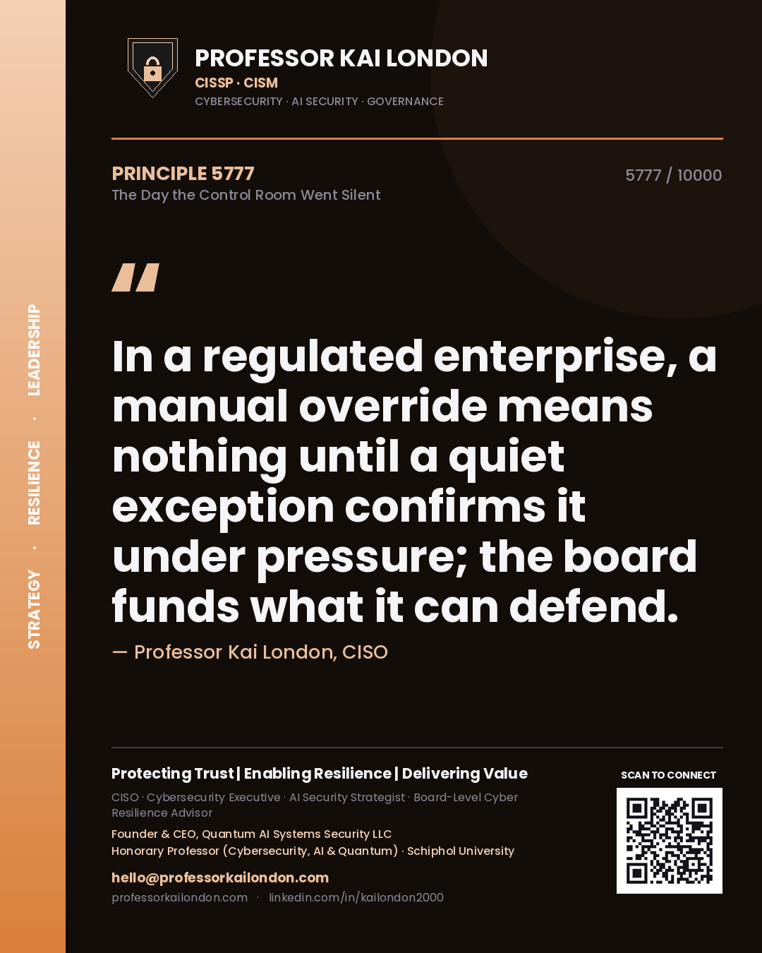 Professor Kai London principle 5777: In a regulated enterprise, a manual override means nothing until a quiet exception confirms it under pressure; the board funds what it can defend.