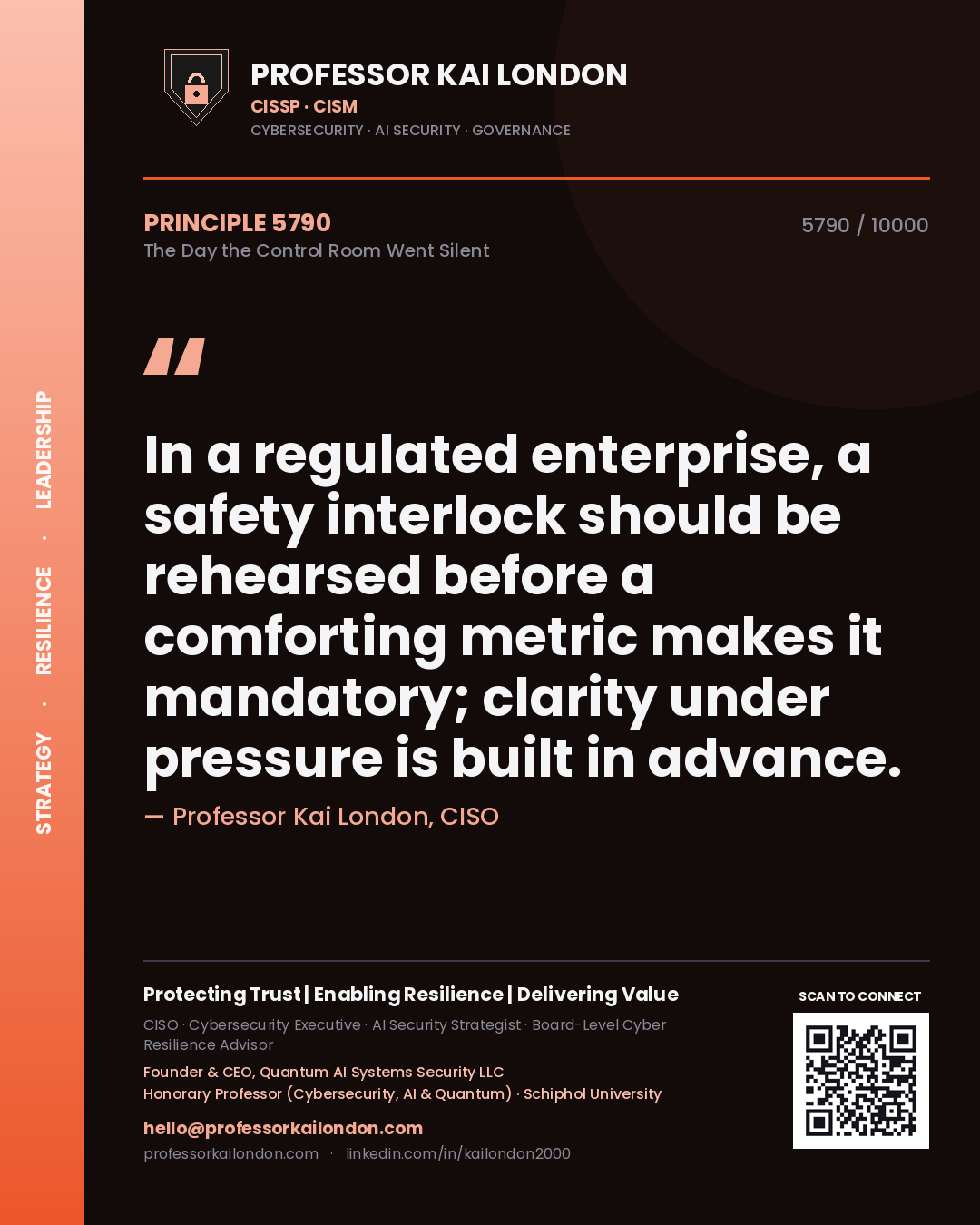 Quote card by Professor Kai London reading 'In a regulated enterprise, a safety interlock should be rehearsed before a comforting metric makes it mandatory; clarity under pressure is built in advance.'. From the book The Day the Control Room Went Silent.