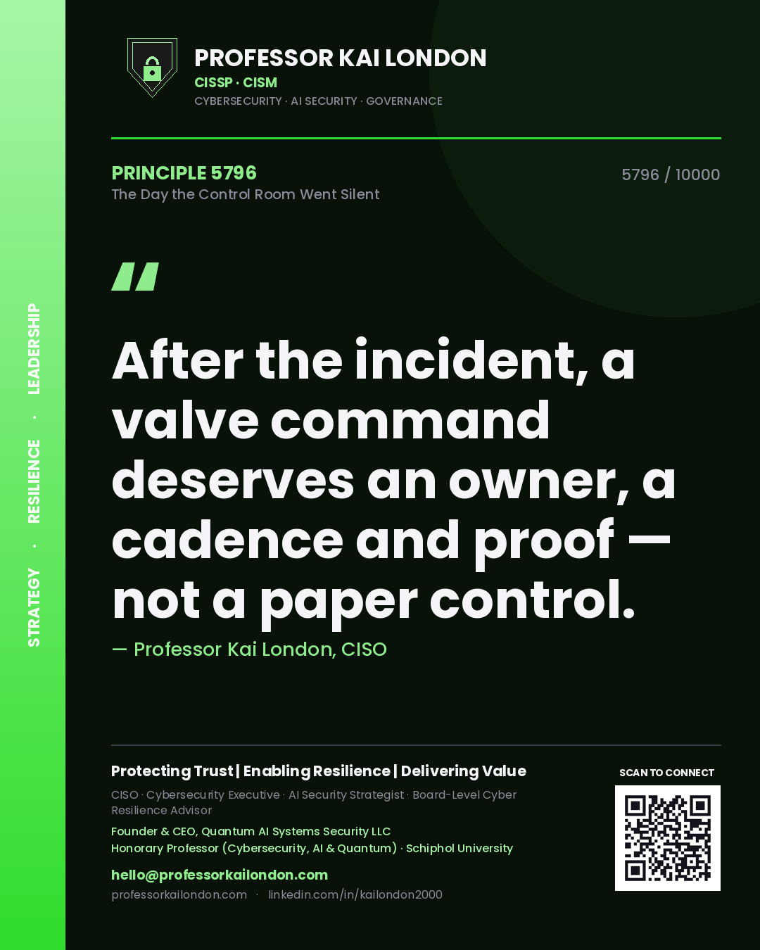 Quote card by Professor Kai London reading 'After the incident, a valve command deserves an owner, a cadence and proof — not a paper control.'. From the book The Day the Control Room Went Silent.