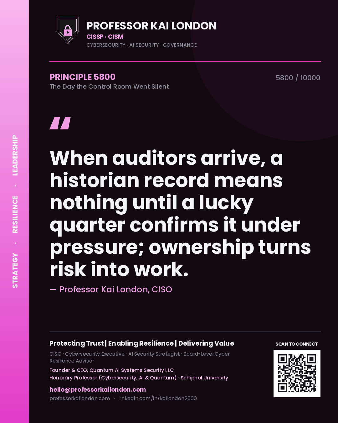 Quote card by Professor Kai London reading 'When auditors arrive, a historian record means nothing until a lucky quarter confirms it under pressure; ownership turns risk into work.'. From the book The Day the Control Room Went Silent.