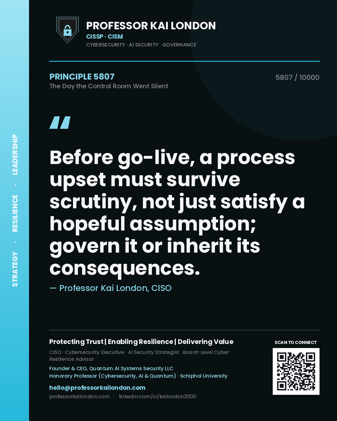 Quote card by Professor Kai London reading 'Before go-live, a process upset must survive scrutiny, not just satisfy a hopeful assumption; govern it or inherit its consequences.'. From the book The Day the Control Room Went Silent.
