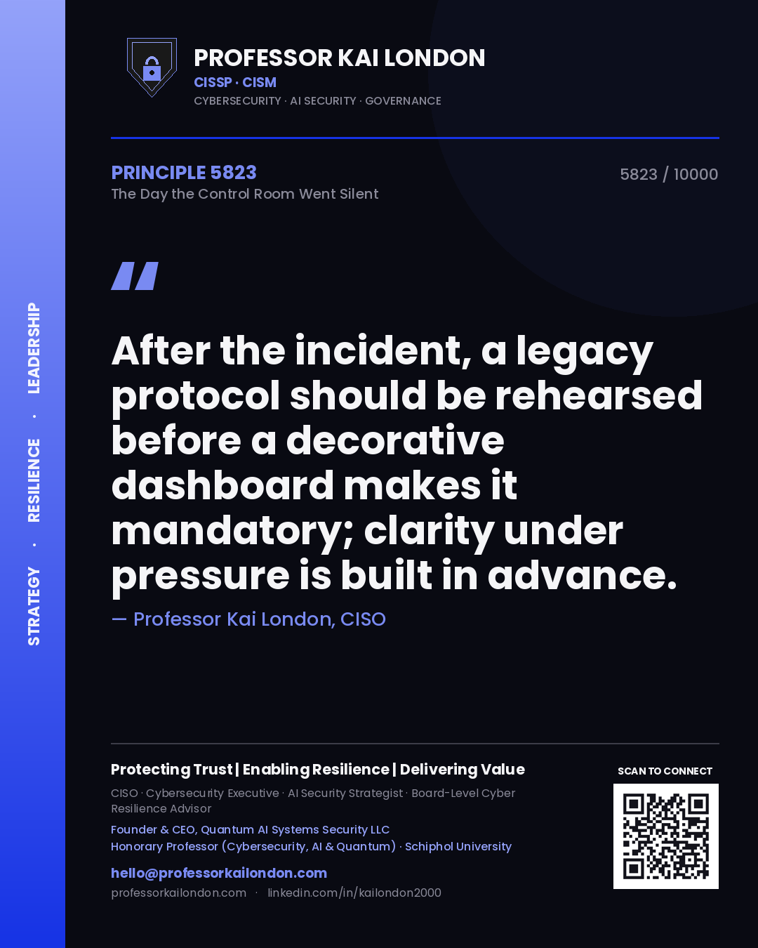 Quote card by Professor Kai London reading 'After the incident, a legacy protocol should be rehearsed before a decorative dashboard makes it mandatory; clarity under pressure is built in advance.'. From the book The Day the Control Room Went Silent.