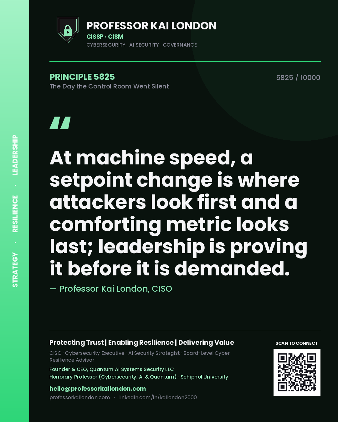 Quote card by Professor Kai London reading 'At machine speed, a setpoint change is where attackers look first and a comforting metric looks last; leadership is proving it before it is demanded.'. From the book The Day the Control Room Went Silent.