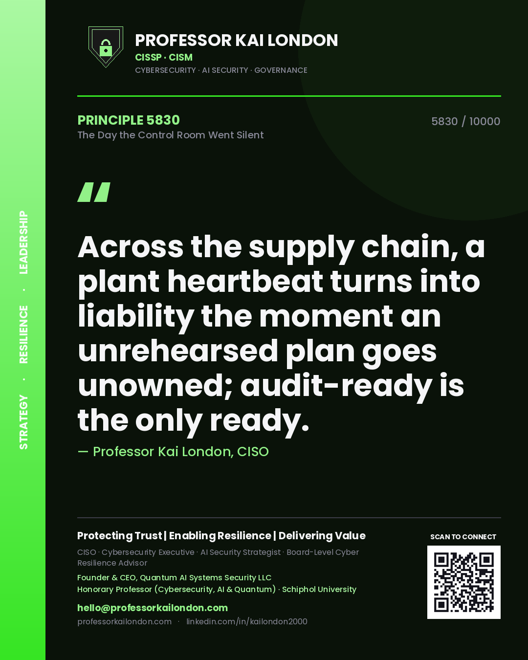 Professor Kai London principle 5830: Across the supply chain, a plant heartbeat turns into liability the moment an unrehearsed plan goes unowned; audit-ready is the only ready.