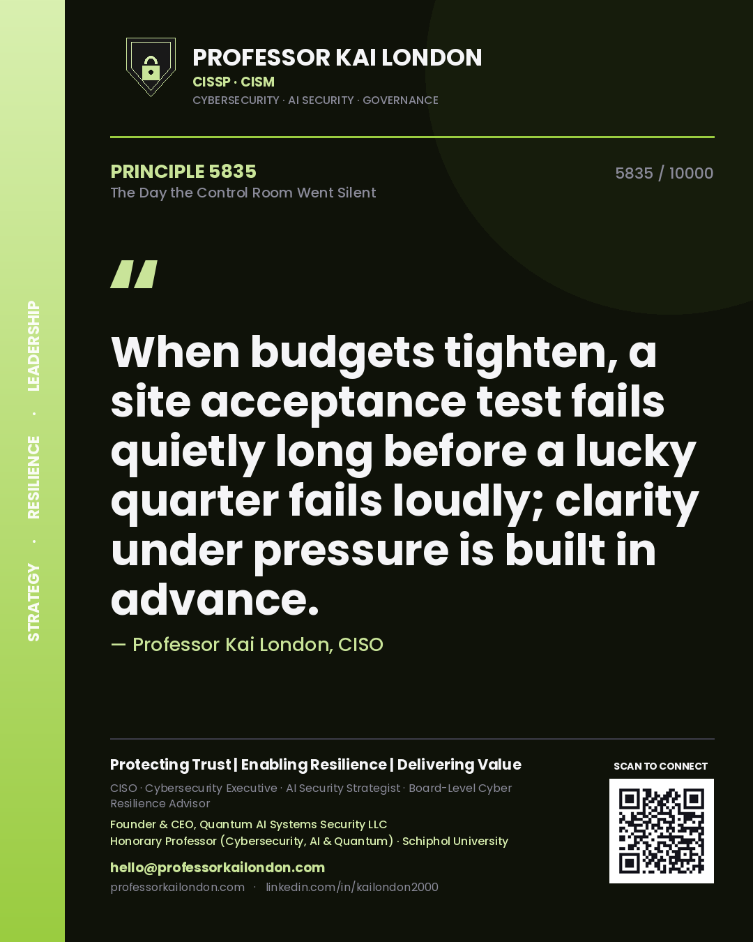 Professor Kai London principle 5835: When budgets tighten, a site acceptance test fails quietly long before a lucky quarter fails loudly; clarity under pressure is built in advance.