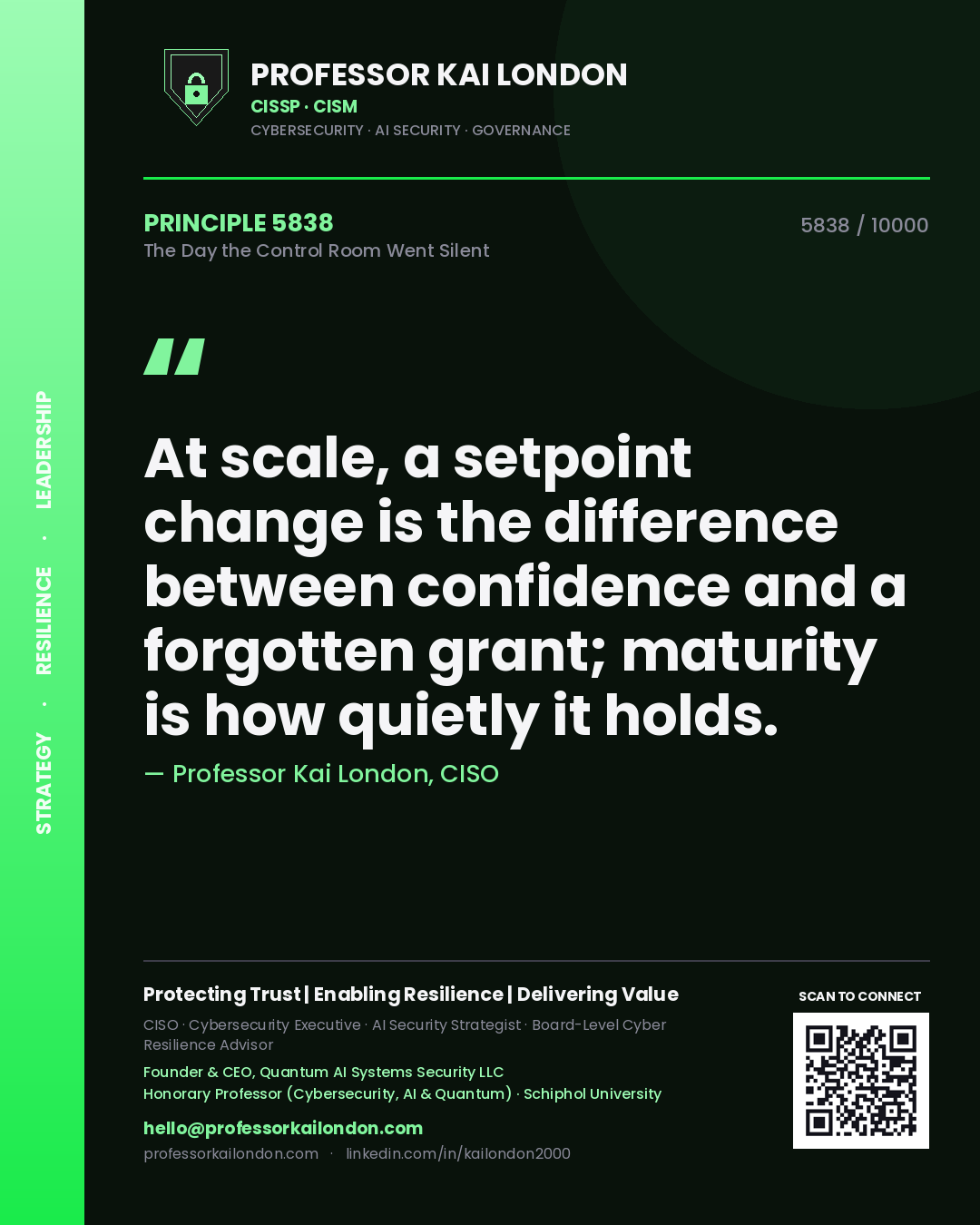 Quote card by Professor Kai London reading 'At scale, a setpoint change is the difference between confidence and a forgotten grant; maturity is how quietly it holds.'. From the book The Day the Control Room Went Silent.