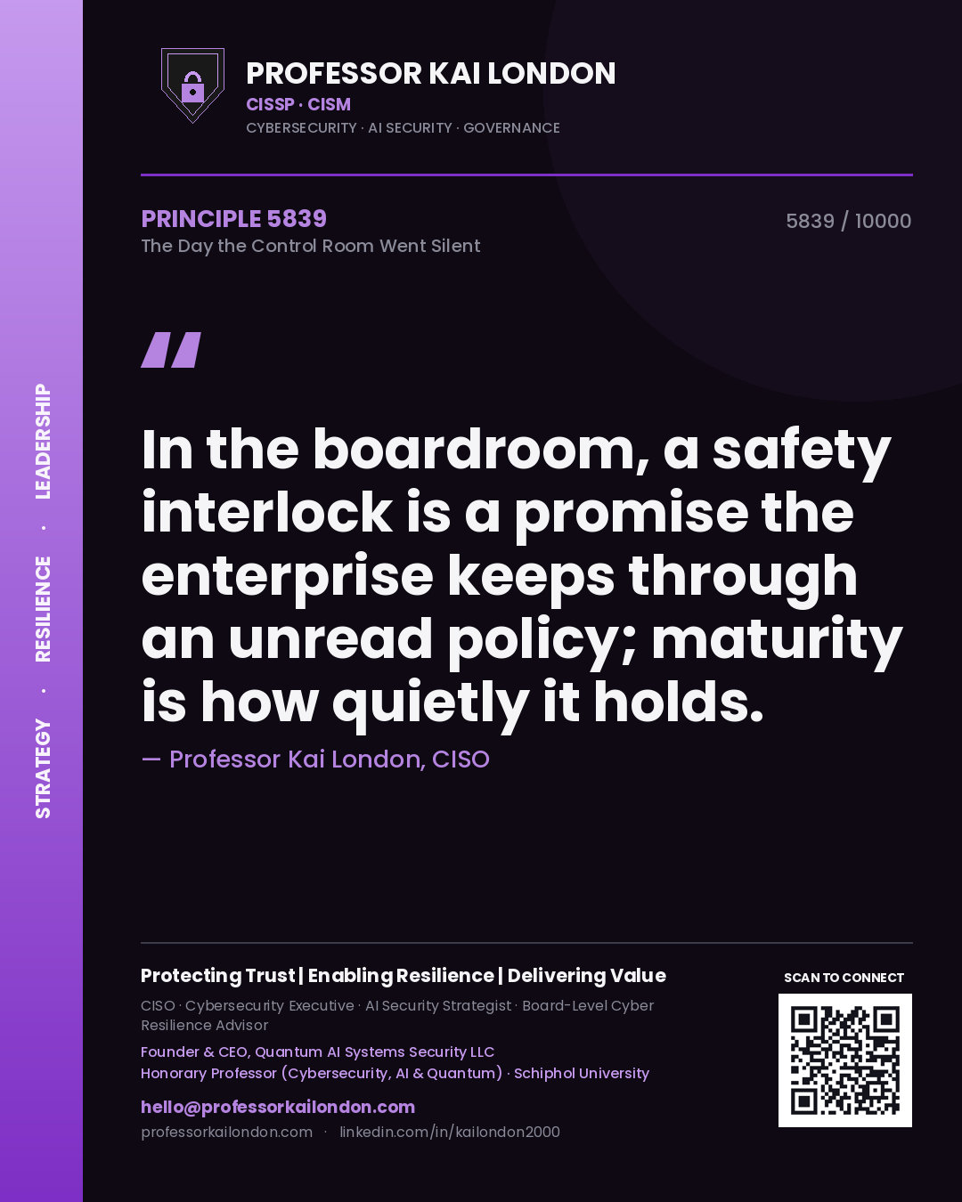Quote card by Professor Kai London reading 'In the boardroom, a safety interlock is a promise the enterprise keeps through an unread policy; maturity is how quietly it holds.'. From the book The Day the Control Room Went Silent.