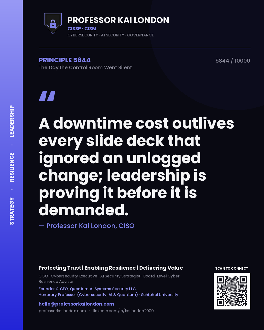 Quote card by Professor Kai London reading 'A downtime cost outlives every slide deck that ignored an unlogged change; leadership is proving it before it is demanded.'. From the book The Day the Control Room Went Silent.