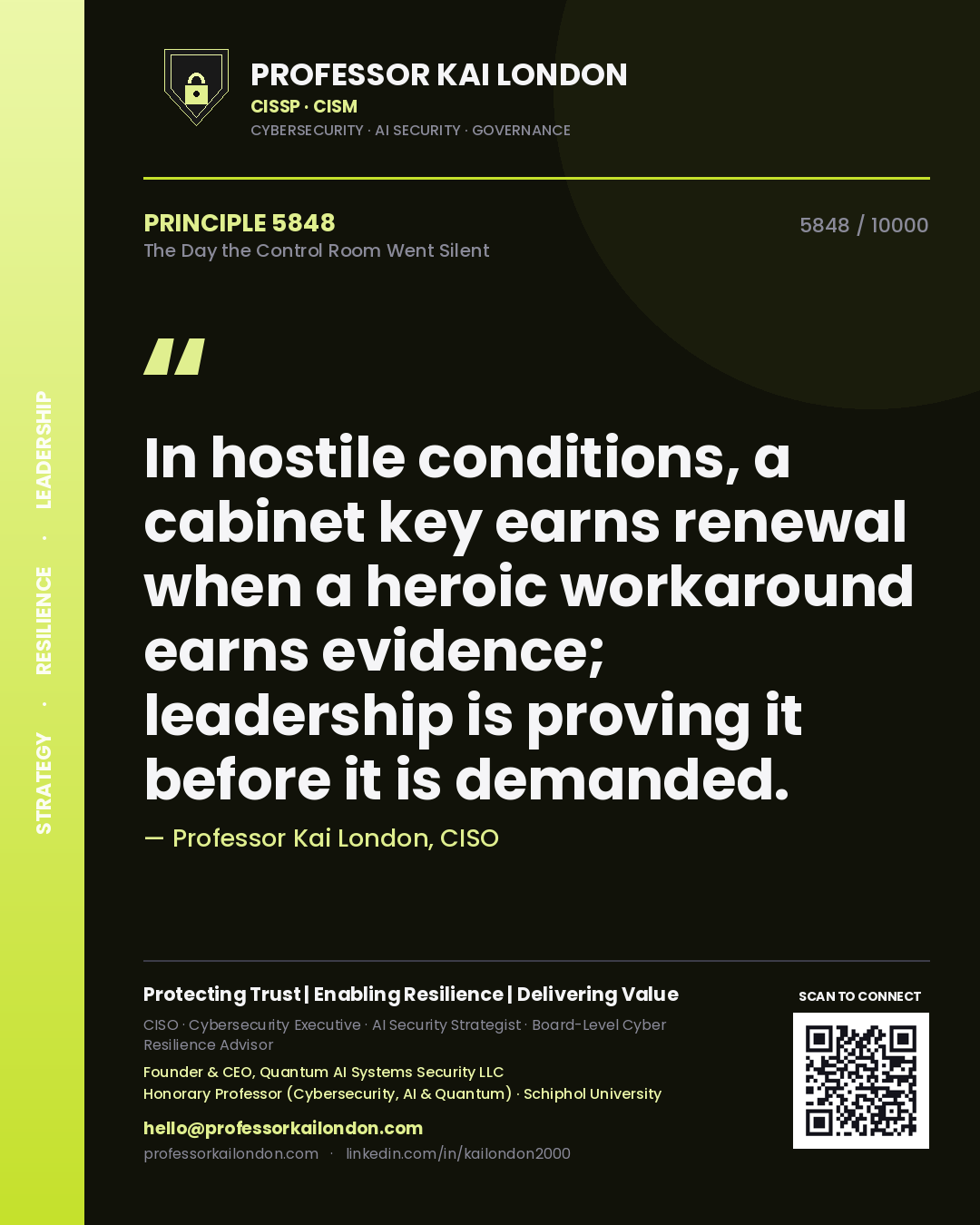 Professor Kai London principle 5848: In hostile conditions, a cabinet key earns renewal when a heroic workaround earns evidence; leadership is proving it before it is demanded.