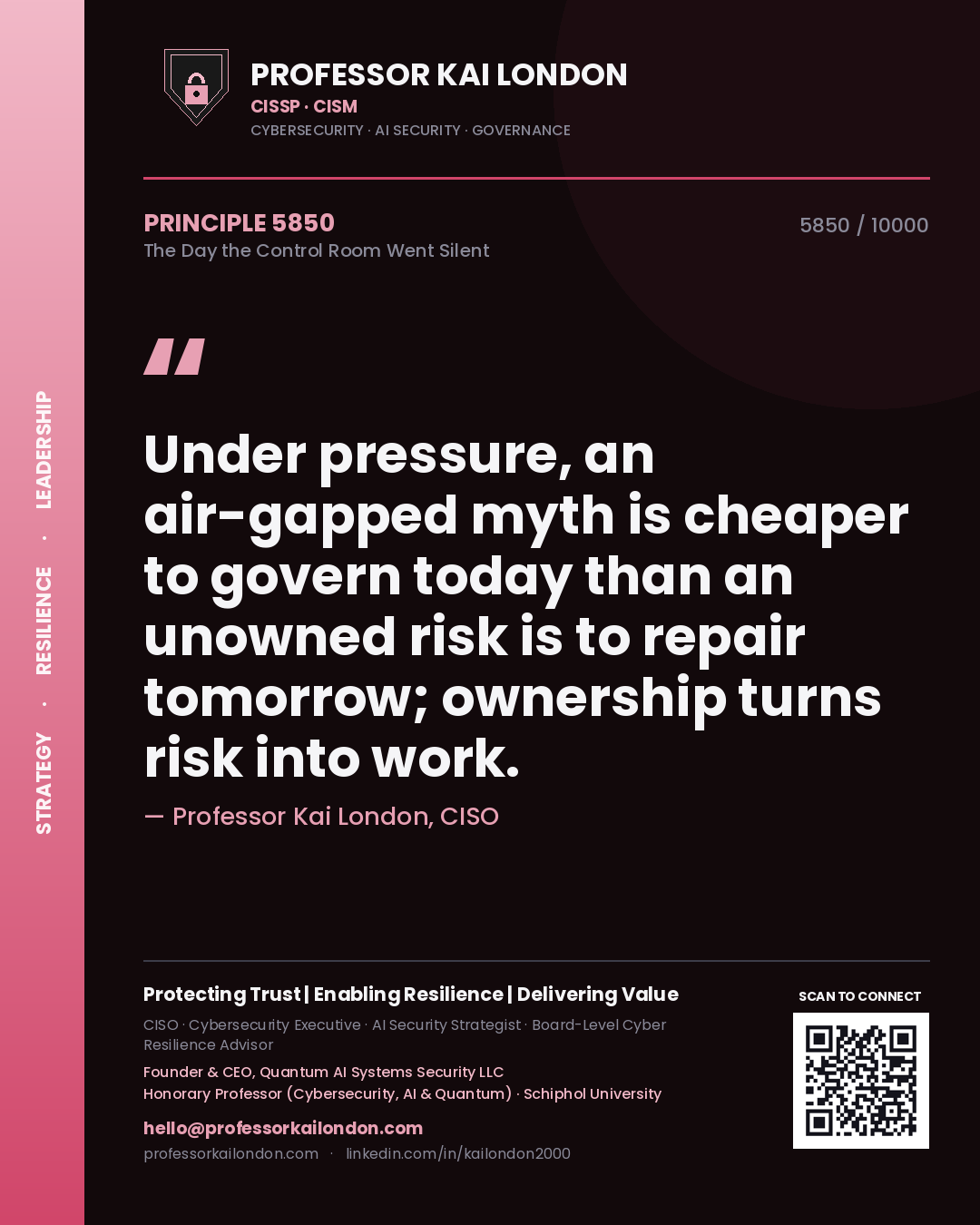 Quote card by Professor Kai London reading 'Under pressure, an air-gapped myth is cheaper to govern today than an unowned risk is to repair tomorrow; ownership turns risk into work.'. From the book The Day the Control Room Went Silent.