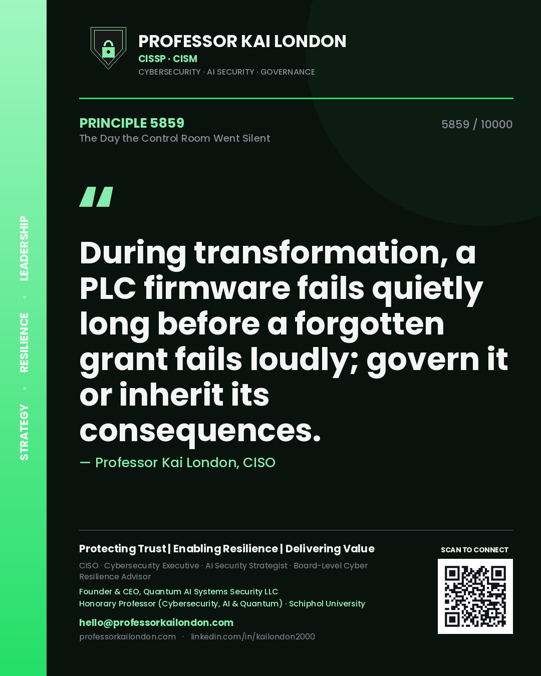 Quote card by Professor Kai London reading 'During transformation, a PLC firmware fails quietly long before a forgotten grant fails loudly; govern it or inherit its consequences.'. From the book The Day the Control Room Went Silent.