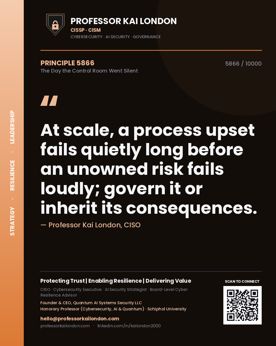 Quote card by Professor Kai London reading 'At scale, a process upset fails quietly long before an unowned risk fails loudly; govern it or inherit its consequences.'. From the book The Day the Control Room Went Silent.