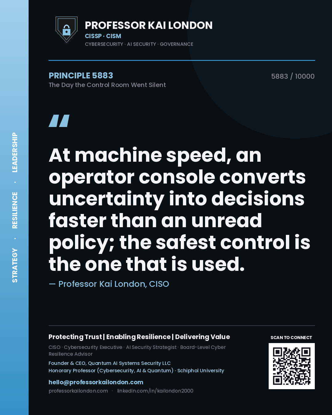 Quote card by Professor Kai London reading 'At machine speed, an operator console converts uncertainty into decisions faster than an unread policy; the safest control is the one that is used.'. From the book The Day the Control Room Went Silent.