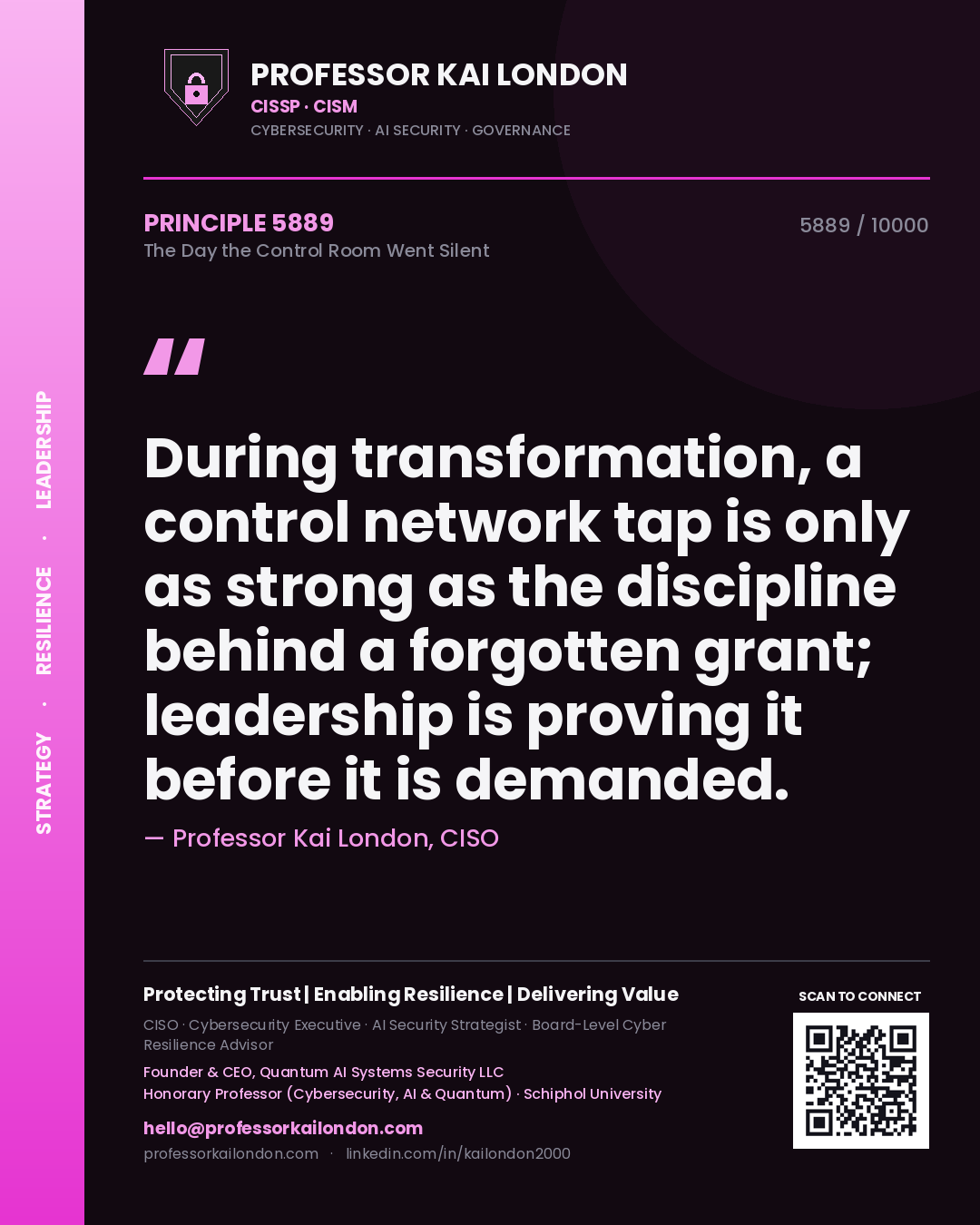 Quote card by Professor Kai London reading 'During transformation, a control network tap is only as strong as the discipline behind a forgotten grant; leadership is proving it before it is demanded.'. From the book The Day the Control Room Went Silent.