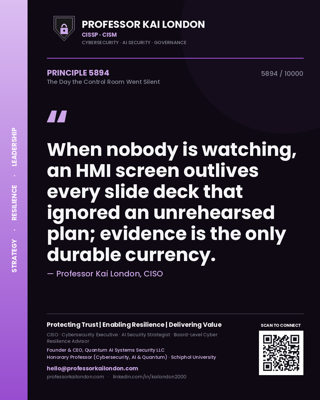 Quote card by Professor Kai London reading 'When nobody is watching, an HMI screen outlives every slide deck that ignored an unrehearsed plan; evidence is the only durable currency.'. From the book The Day the Control Room Went Silent.