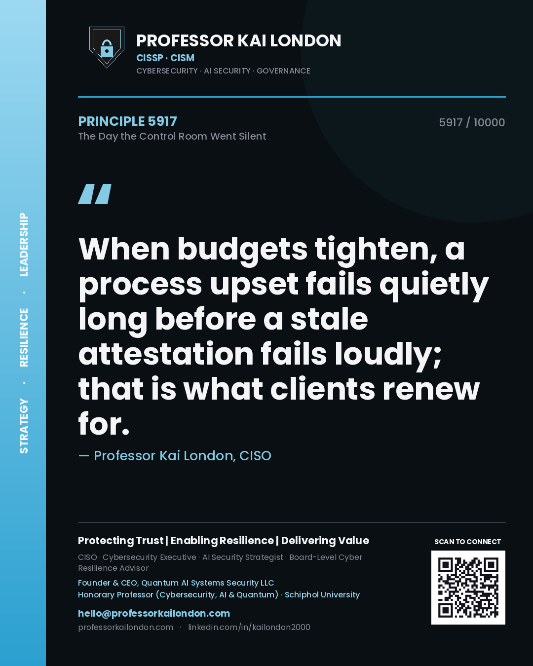 Professor Kai London principle 5917: When budgets tighten, a process upset fails quietly long before a stale attestation fails loudly; that is what clients renew for.