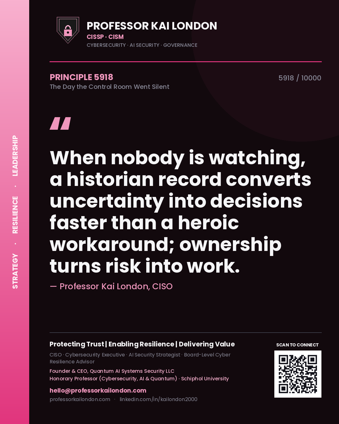 Quote card by Professor Kai London reading 'When nobody is watching, a historian record converts uncertainty into decisions faster than a heroic workaround; ownership turns risk into work.'. From the book The Day the Control Room Went Silent.