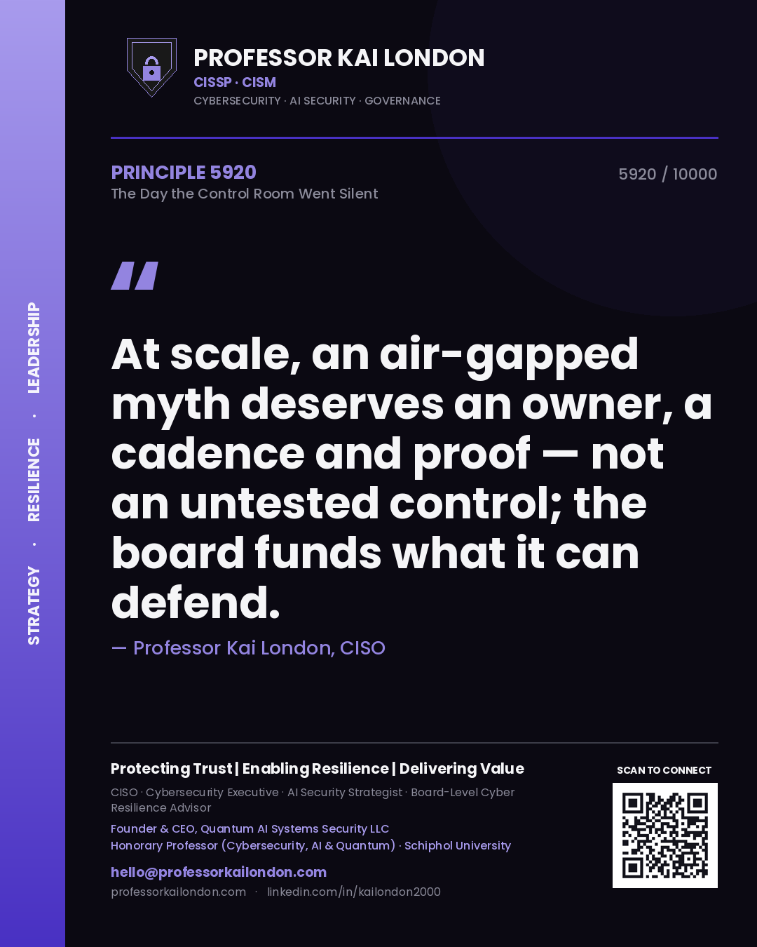 Quote card by Professor Kai London reading 'At scale, an air-gapped myth deserves an owner, a cadence and proof — not an untested control; the board funds what it can defend.'. From the book The Day the Control Room Went Silent.