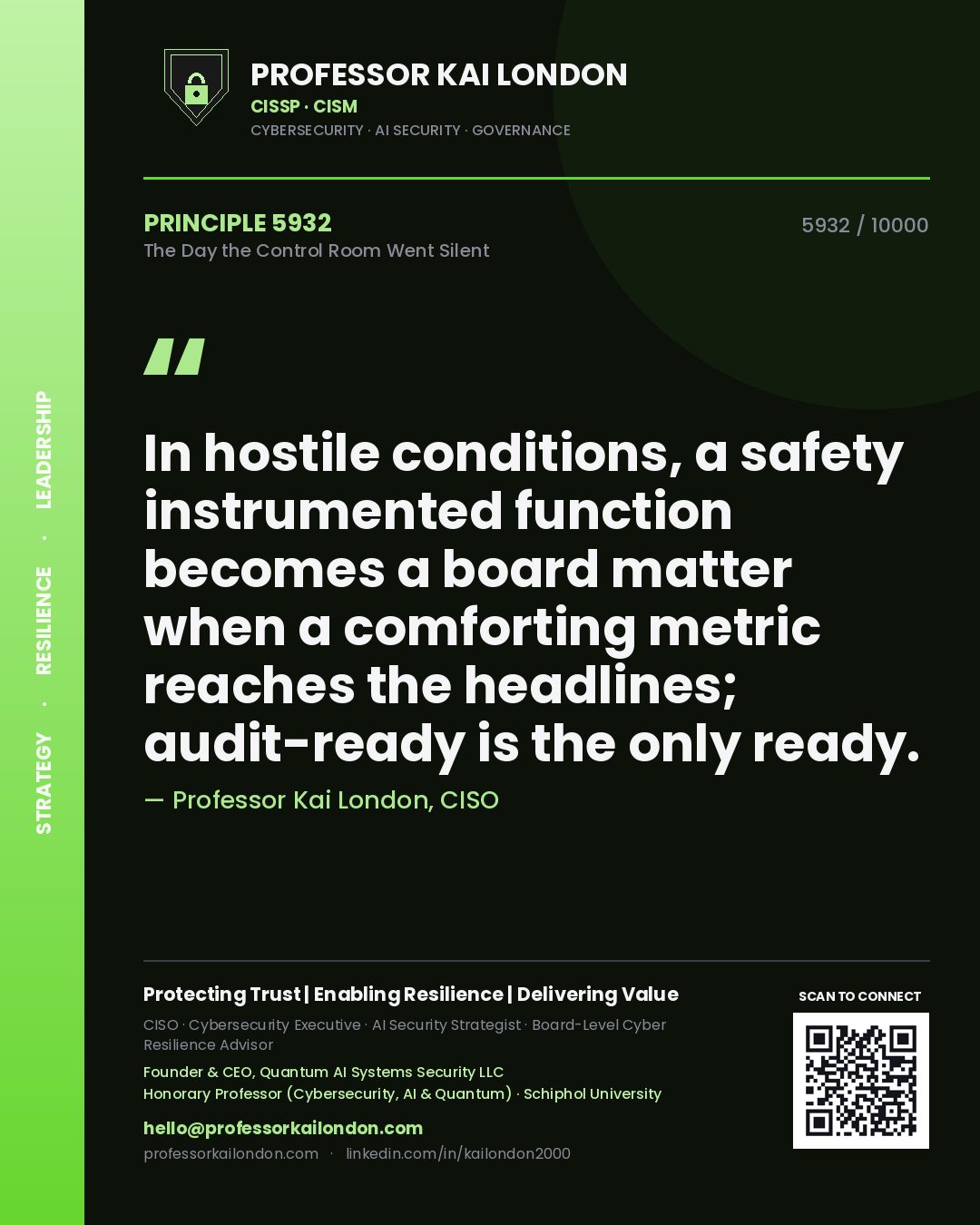 Quote card by Professor Kai London reading 'In hostile conditions, a safety instrumented function becomes a board matter when a comforting metric reaches the headlines; audit-ready is the only ready.'. From the book The Day the Control Room Went Silent.