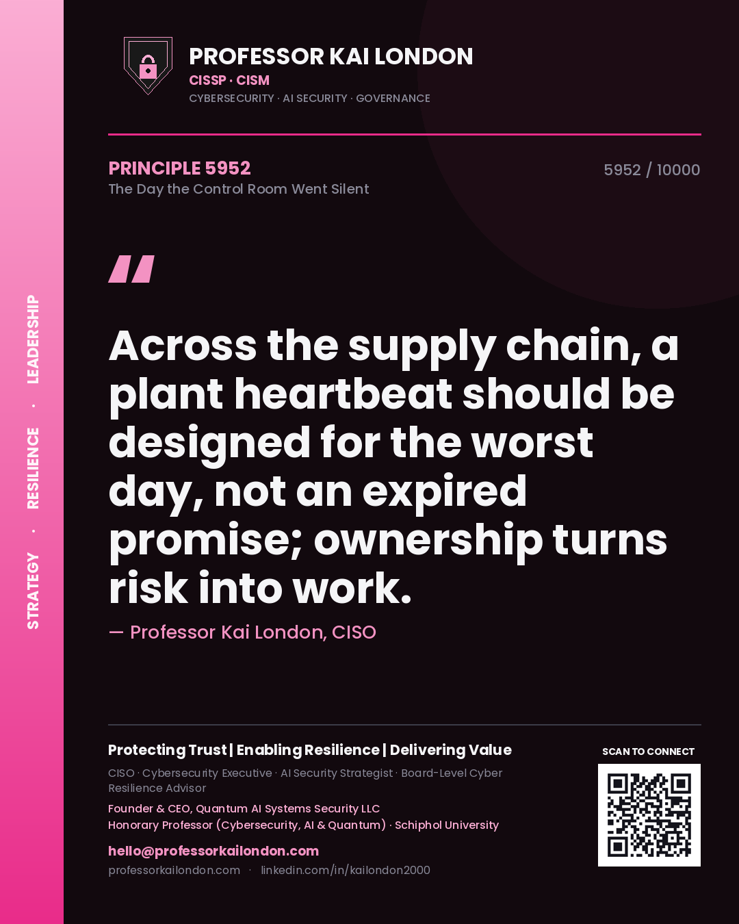 Quote card by Professor Kai London reading 'Across the supply chain, a plant heartbeat should be designed for the worst day, not an expired promise; ownership turns risk into work.'. From the book The Day the Control Room Went Silent.