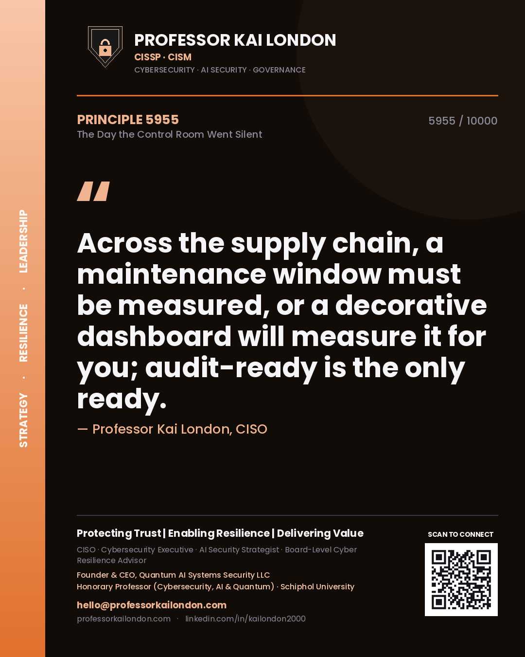 Quote card by Professor Kai London reading 'Across the supply chain, a maintenance window must be measured, or a decorative dashboard will measure it for you; audit-ready is the only ready.'. From the book The Day the Control Room Went Silent.