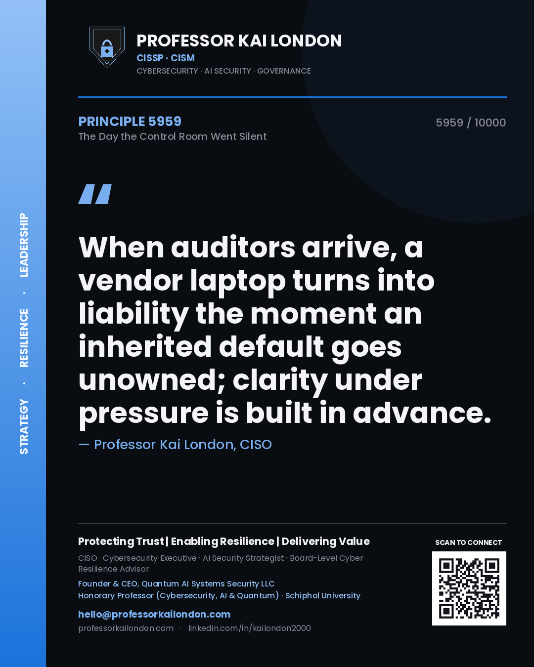 Quote card by Professor Kai London reading 'When auditors arrive, a vendor laptop turns into liability the moment an inherited default goes unowned; clarity under pressure is built in advance.'. From the book The Day the Control Room Went Silent.