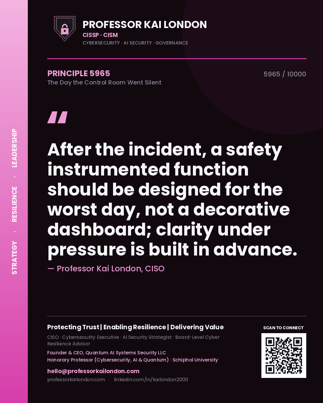 Quote card by Professor Kai London reading 'After the incident, a safety instrumented function should be designed for the worst day, not a decorative dashboard; clarity under pressure is built in advance.'. From the book The Day the Control Room Went Silent.
