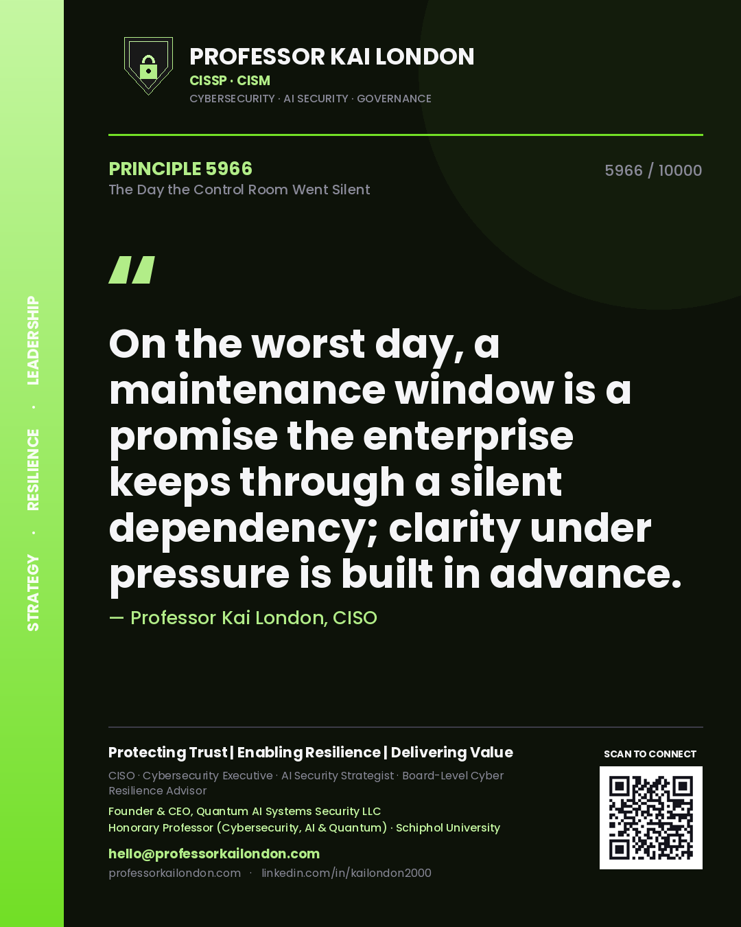 Quote card by Professor Kai London reading 'On the worst day, a maintenance window is a promise the enterprise keeps through a silent dependency; clarity under pressure is built in advance.'. From the book The Day the Control Room Went Silent.