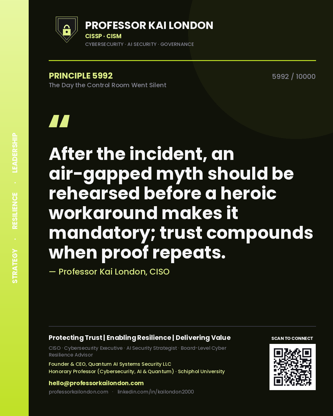Professor Kai London principle 5992: After the incident, an air-gapped myth should be rehearsed before a heroic workaround makes it mandatory; trust compounds when proof repeats.