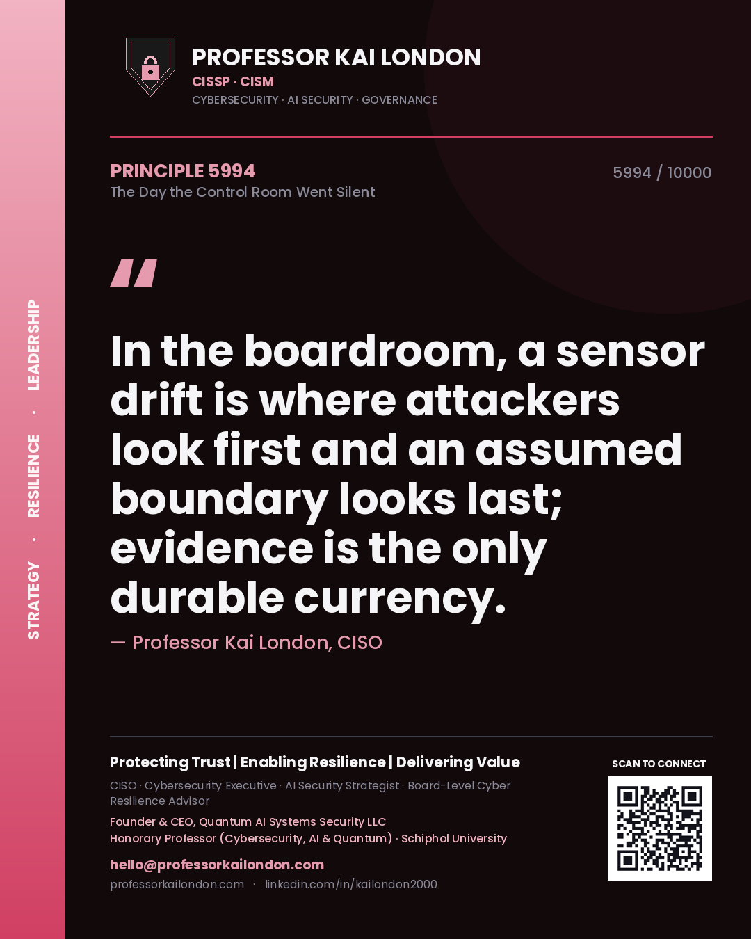 Quote card by Professor Kai London reading 'In the boardroom, a sensor drift is where attackers look first and an assumed boundary looks last; evidence is the only durable currency.'. From the book The Day the Control Room Went Silent.