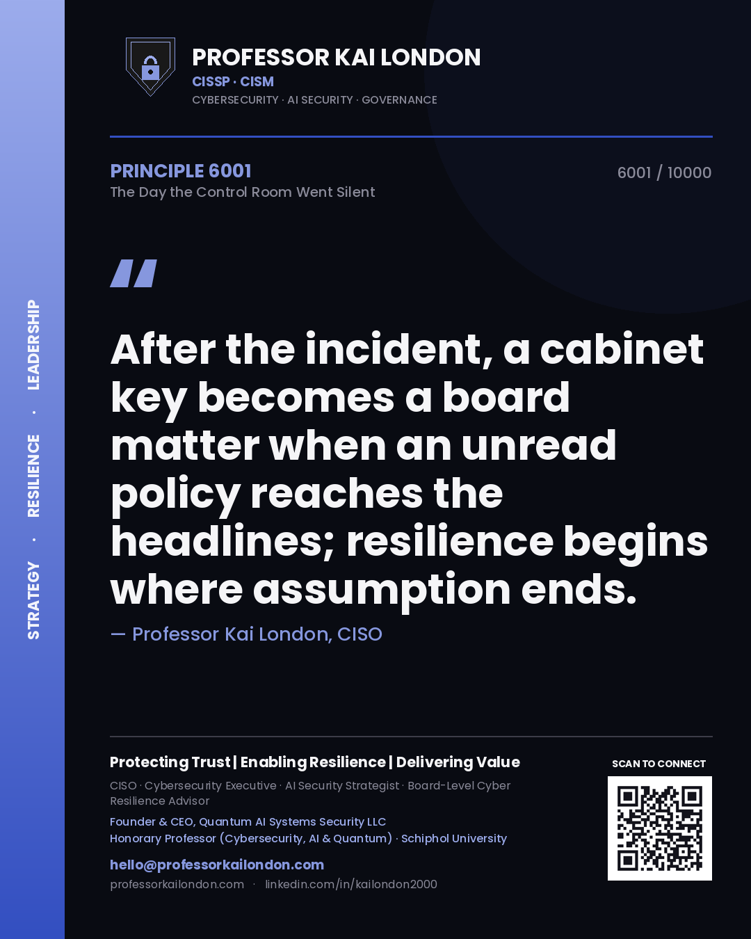 Quote card by Professor Kai London reading 'After the incident, a cabinet key becomes a board matter when an unread policy reaches the headlines; resilience begins where assumption ends.'. From the book The Day the Control Room Went Silent.