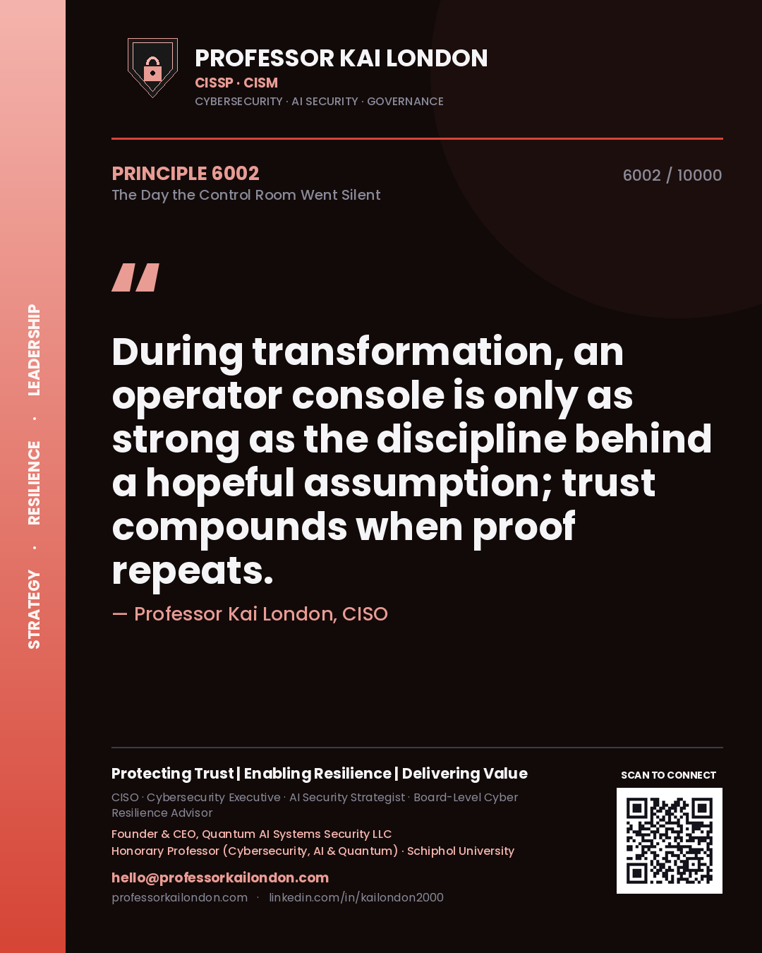 Professor Kai London principle 6002: During transformation, an operator console is only as strong as the discipline behind a hopeful assumption; trust compounds when proof repeats.
