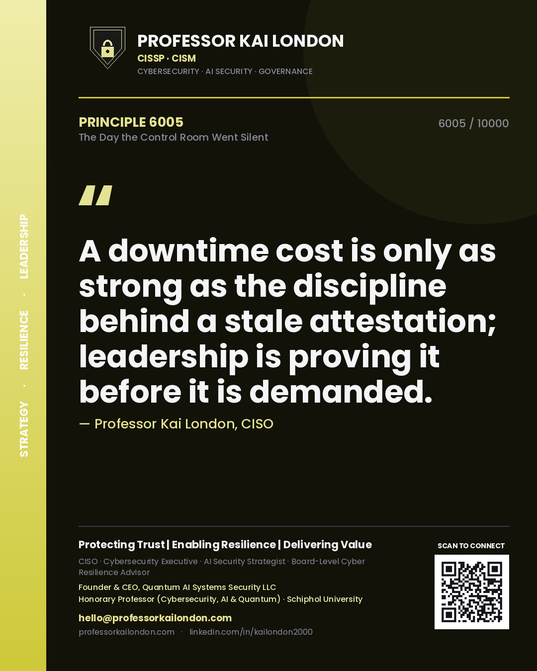 Professor Kai London principle 6005: A downtime cost is only as strong as the discipline behind a stale attestation; leadership is proving it before it is demanded.