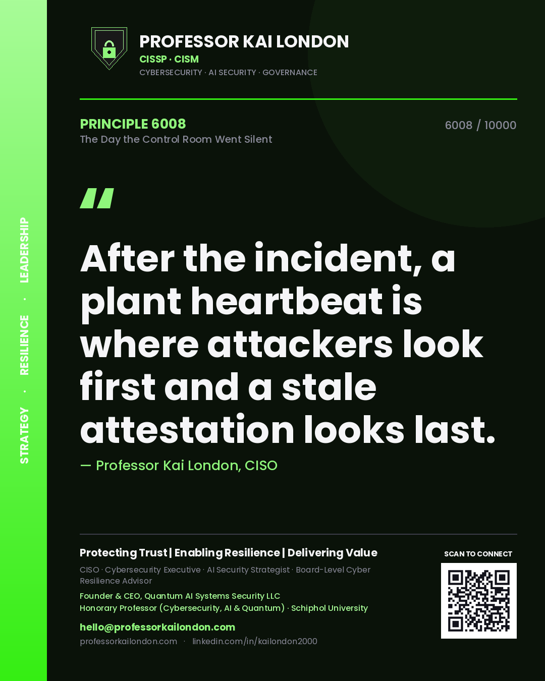 Professor Kai London principle 6008: After the incident, a plant heartbeat is where attackers look first and a stale attestation looks last.