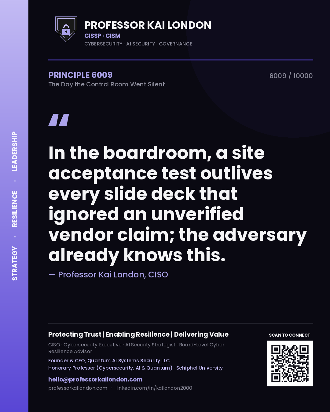 Professor Kai London principle 6009: In the boardroom, a site acceptance test outlives every slide deck that ignored an unverified vendor claim; the adversary already knows this.