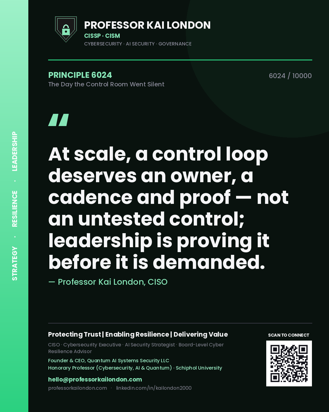 Professor Kai London principle 6024: At scale, a control loop deserves an owner, a cadence and proof — not an untested control; leadership is proving it before it is demanded.