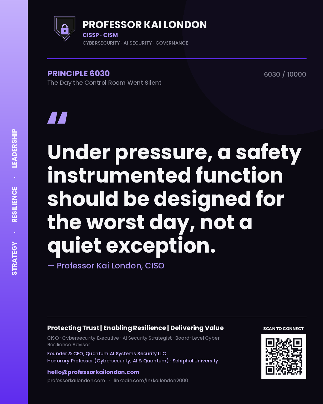 Quote card by Professor Kai London reading 'Under pressure, a safety instrumented function should be designed for the worst day, not a quiet exception.'. From the book The Day the Control Room Went Silent.