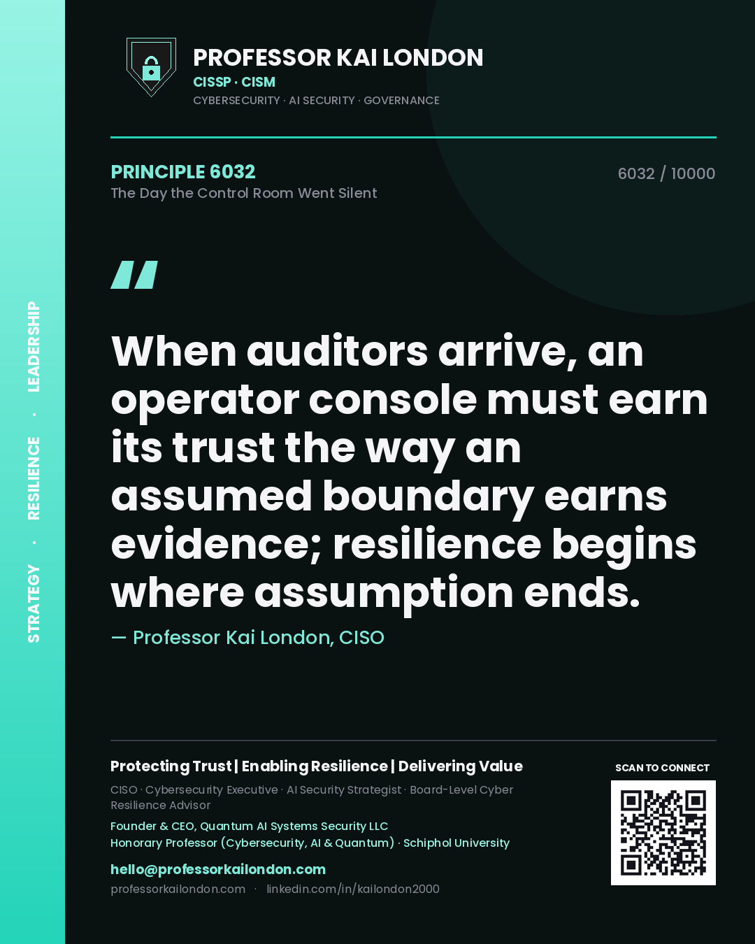 Quote card by Professor Kai London reading 'When auditors arrive, an operator console must earn its trust the way an assumed boundary earns evidence; resilience begins where assumption ends.'. From the book The Day the Control Room Went Silent.
