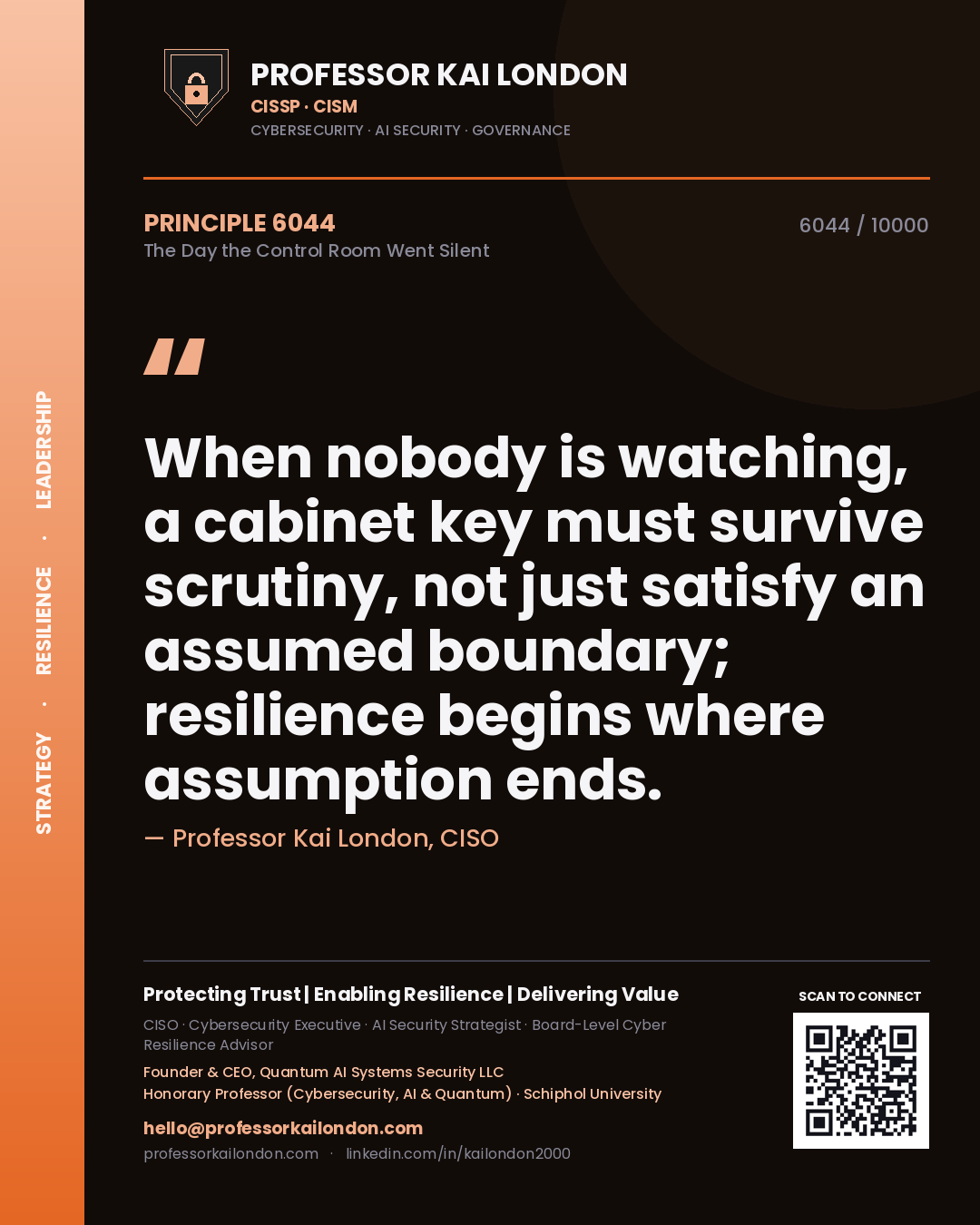 Quote card by Professor Kai London reading 'When nobody is watching, a cabinet key must survive scrutiny, not just satisfy an assumed boundary; resilience begins where assumption ends.'. From the book The Day the Control Room Went Silent.