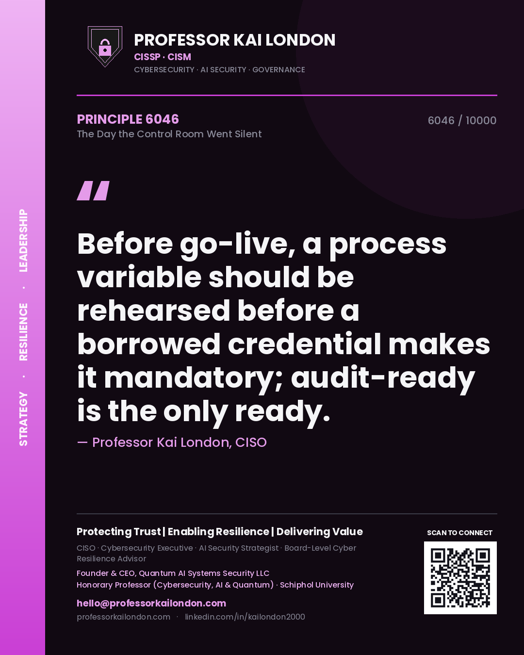Professor Kai London principle 6046: Before go-live, a process variable should be rehearsed before a borrowed credential makes it mandatory; audit-ready is the only ready.