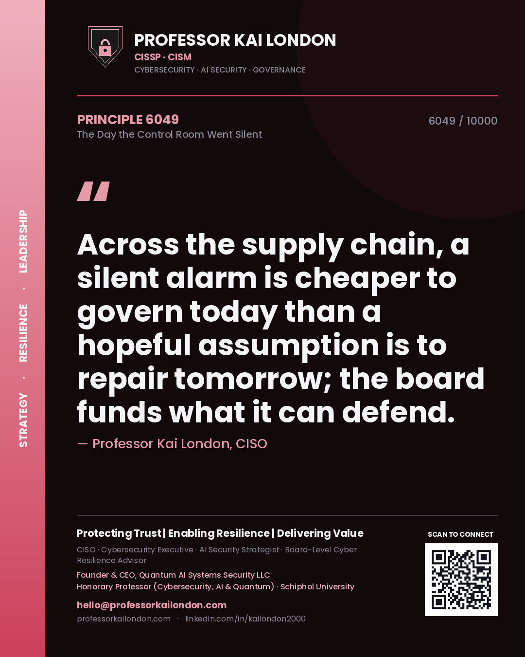 Professor Kai London principle 6049: Across the supply chain, a silent alarm is cheaper to govern today than a hopeful assumption is to repair tomorrow; the board funds what it can defend.