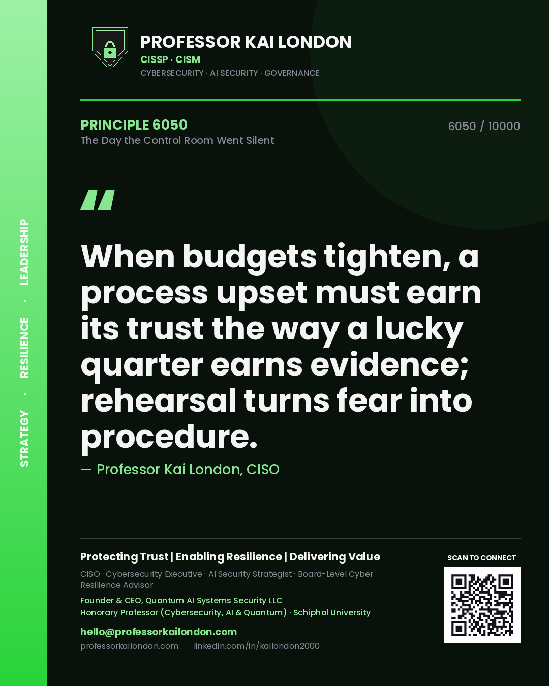Professor Kai London principle 6050: When budgets tighten, a process upset must earn its trust the way a lucky quarter earns evidence; rehearsal turns fear into procedure.