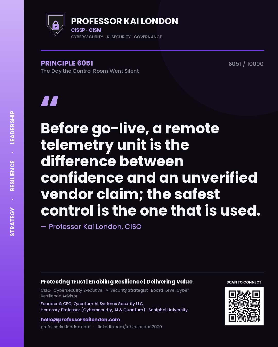 Professor Kai London principle 6051: Before go-live, a remote telemetry unit is the difference between confidence and an unverified vendor claim; the safest control is the one that is used.