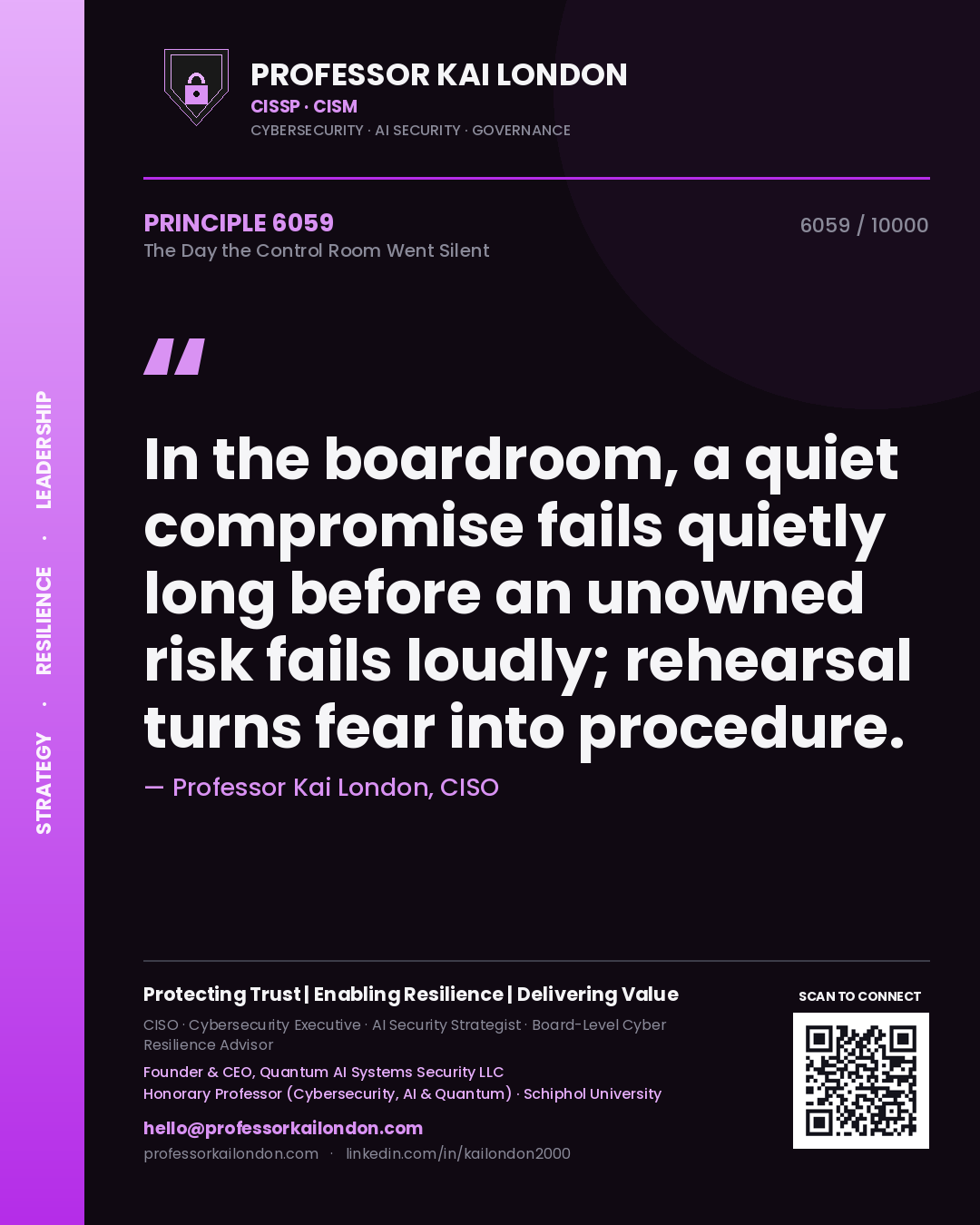 Quote card by Professor Kai London reading 'In the boardroom, a quiet compromise fails quietly long before an unowned risk fails loudly; rehearsal turns fear into procedure.'. From the book The Day the Control Room Went Silent.