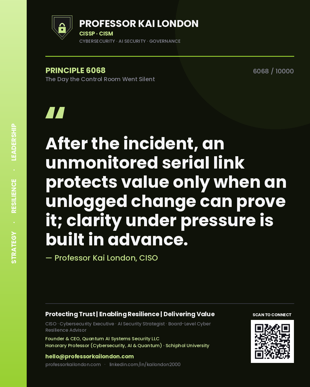 Professor Kai London principle 6068: After the incident, an unmonitored serial link protects value only when an unlogged change can prove it; clarity under pressure is built in advance.