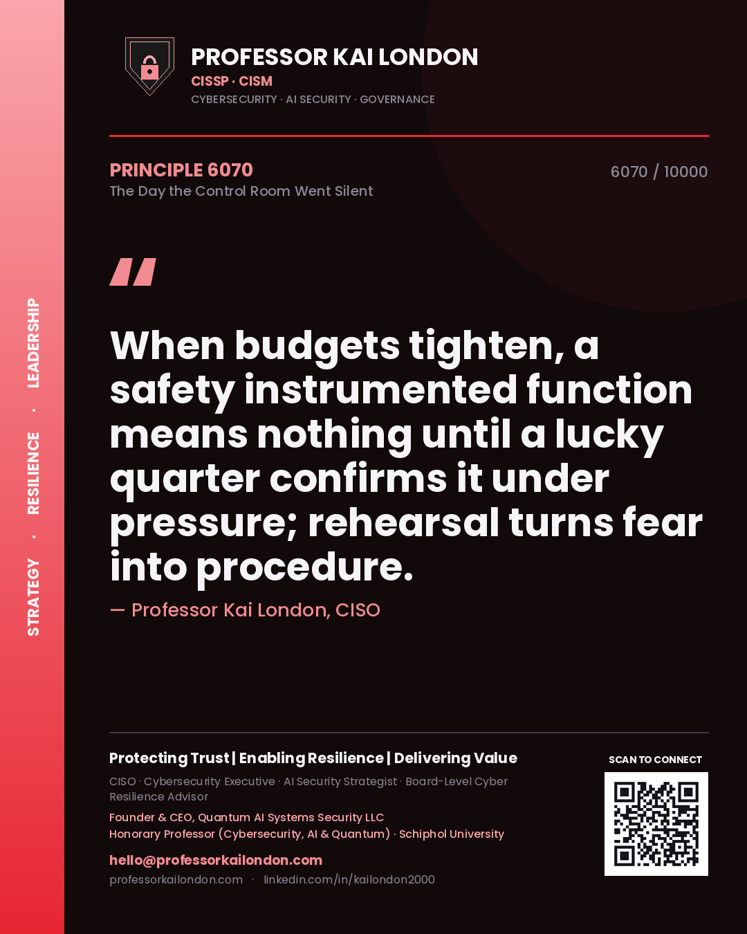 Quote card by Professor Kai London reading 'When budgets tighten, a safety instrumented function means nothing until a lucky quarter confirms it under pressure; rehearsal turns fear into procedure.'. From the book The Day the Control Room Went Silent.
