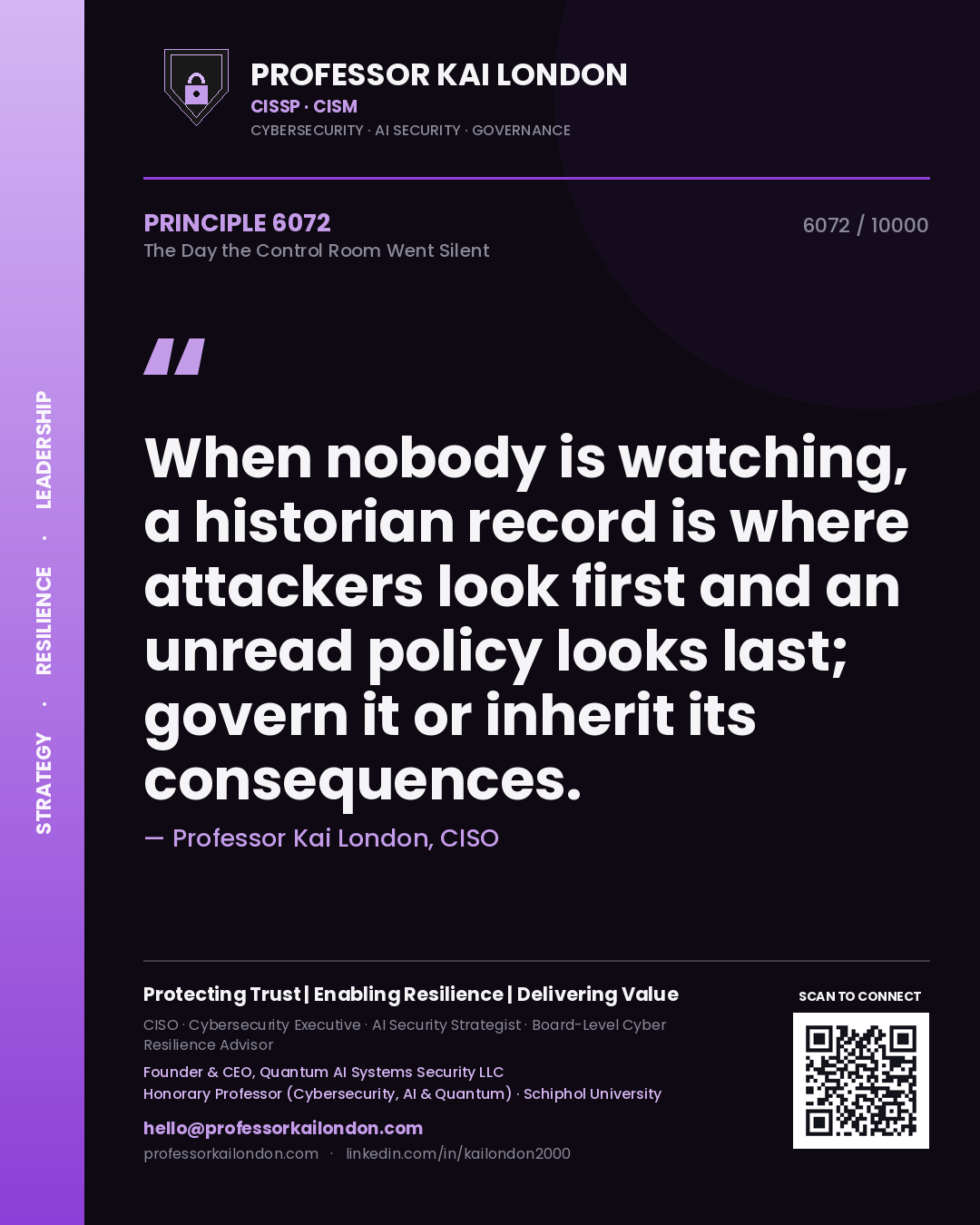Quote card by Professor Kai London reading 'When nobody is watching, a historian record is where attackers look first and an unread policy looks last; govern it or inherit its consequences.'. From the book The Day the Control Room Went Silent.