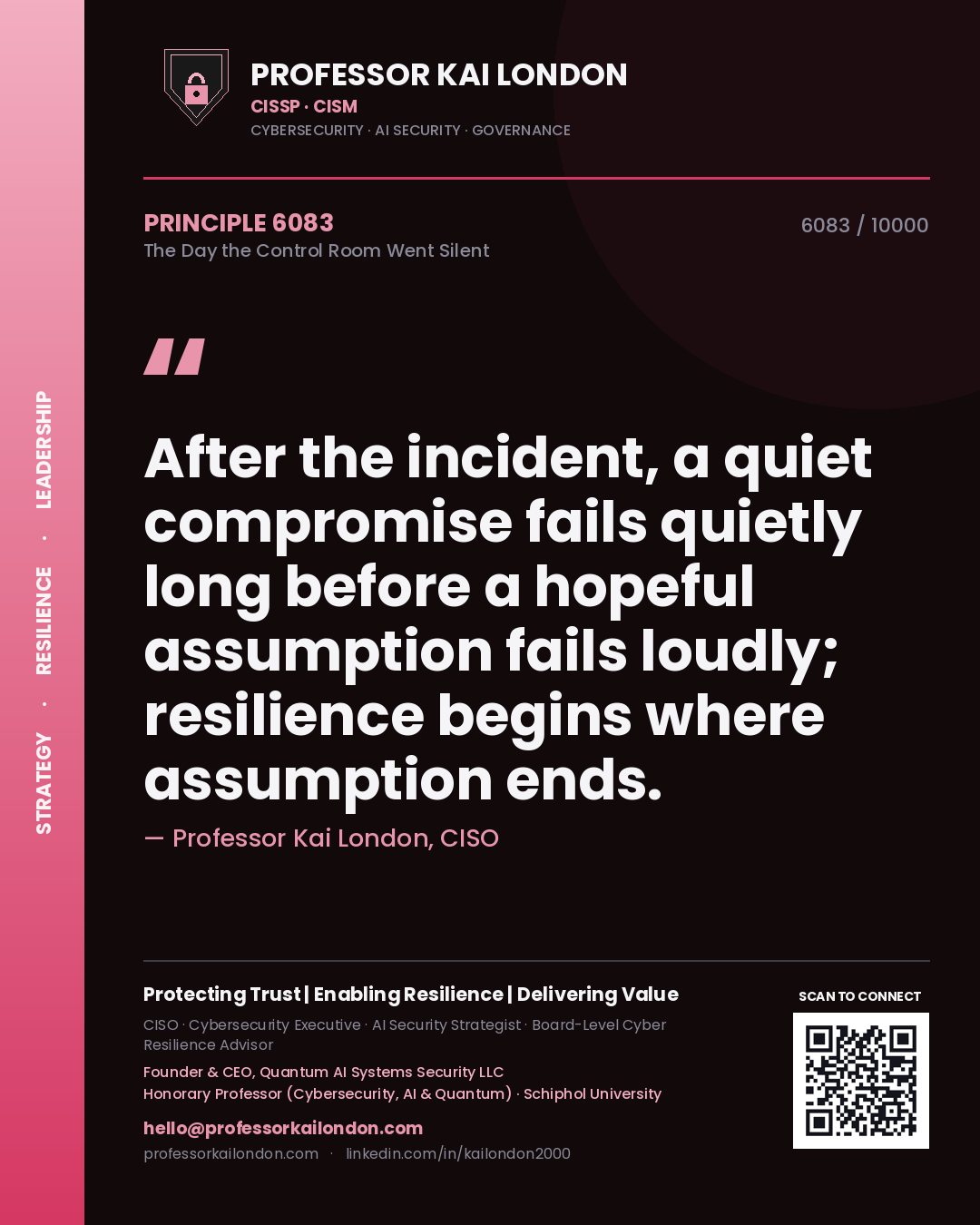 Professor Kai London principle 6083: After the incident, a quiet compromise fails quietly long before a hopeful assumption fails loudly; resilience begins where assumption ends.