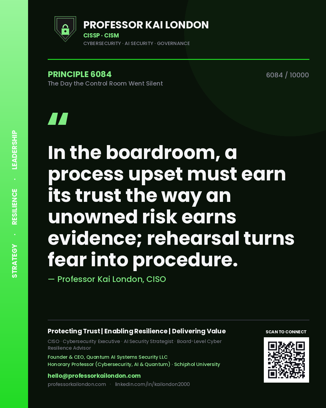 Quote card by Professor Kai London reading 'In the boardroom, a process upset must earn its trust the way an unowned risk earns evidence; rehearsal turns fear into procedure.'. From the book The Day the Control Room Went Silent.