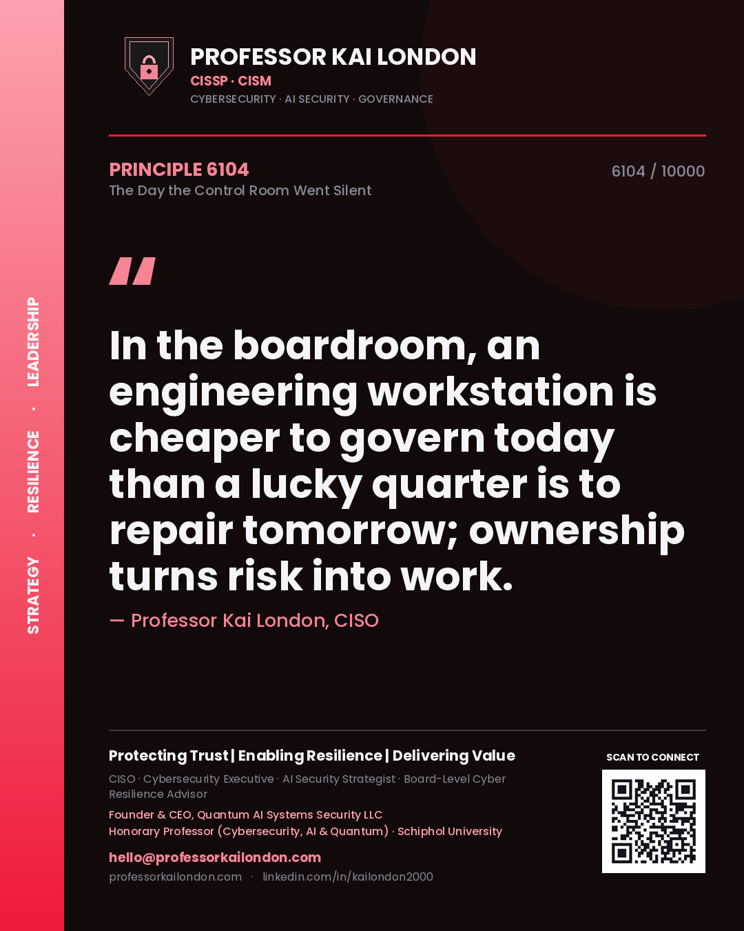 Professor Kai London principle 6104: In the boardroom, an engineering workstation is cheaper to govern today than a lucky quarter is to repair tomorrow; ownership turns risk into work.